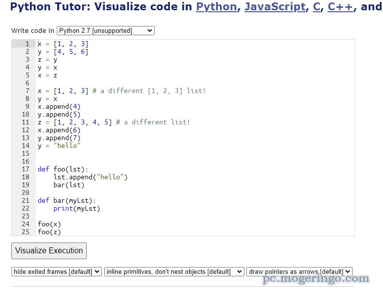 PythonやJavaScriptなどプログラムを1行ずつ実行して学習が捗るWebサービス 『Python Tutor code visualizer』