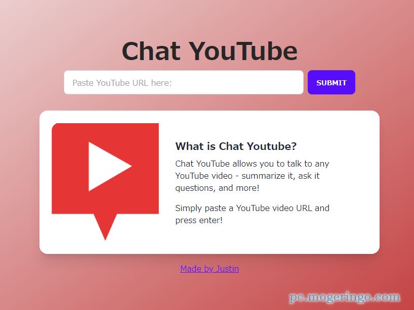 YouTube動画URLを入力するだけで動画内容や質問に答えてくれるWebサービス 『Chat YouTube』