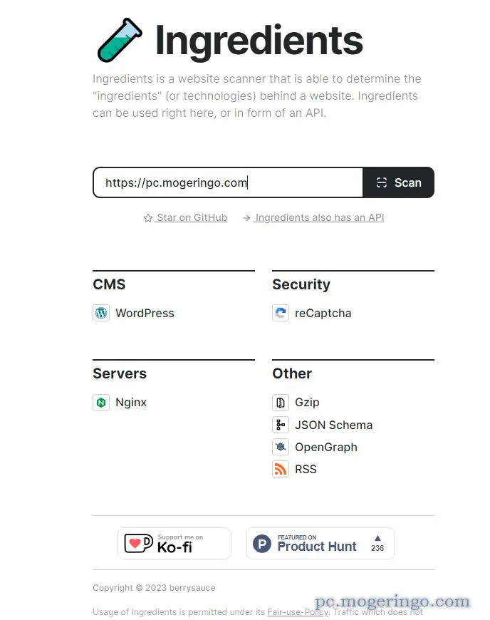 Webサイトで使用しているプラグインや技術を調査するWebサービス 『Ingredients』