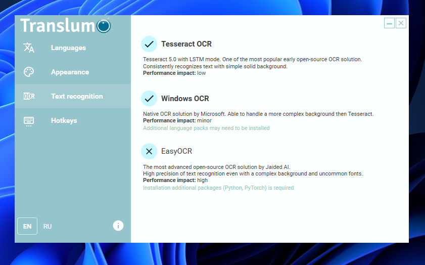 画面内の指定領域の文字をOCRでリアルタイム翻訳するソフト 『Translumo』