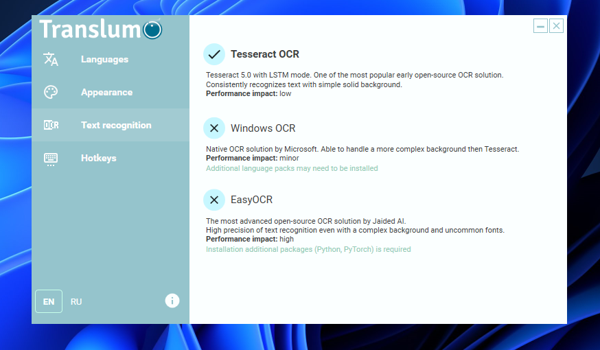 画面内の指定領域の文字をOCRでリアルタイム翻訳するソフト 『Translumo』