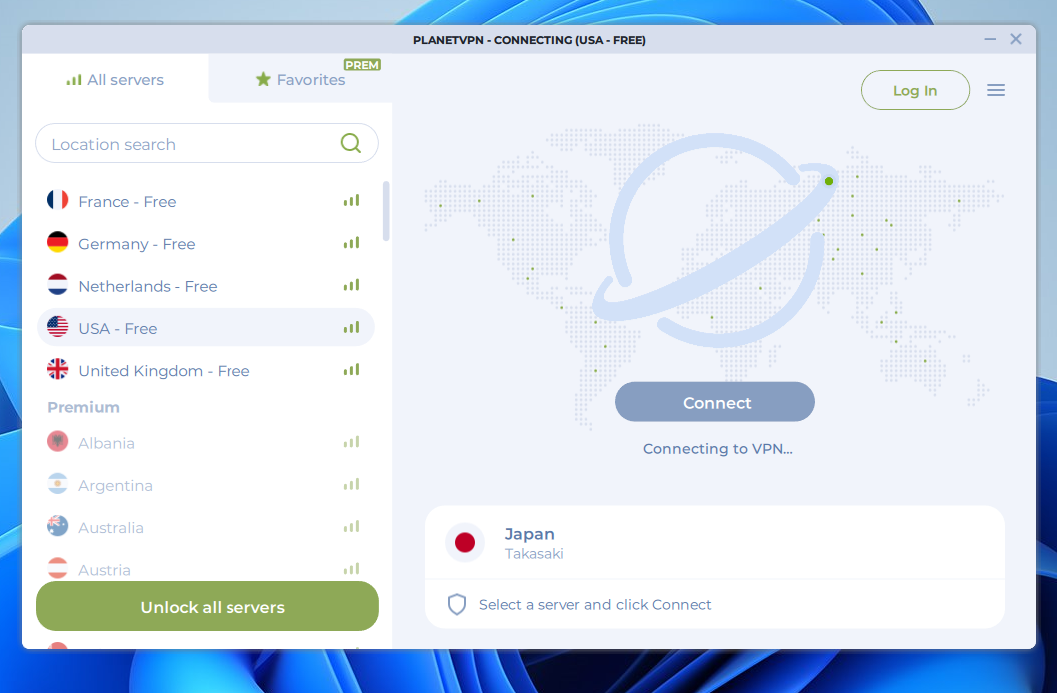 無料でインストール後すぐ使える5か国に接続できるVPNソフト 『Planet VPN』