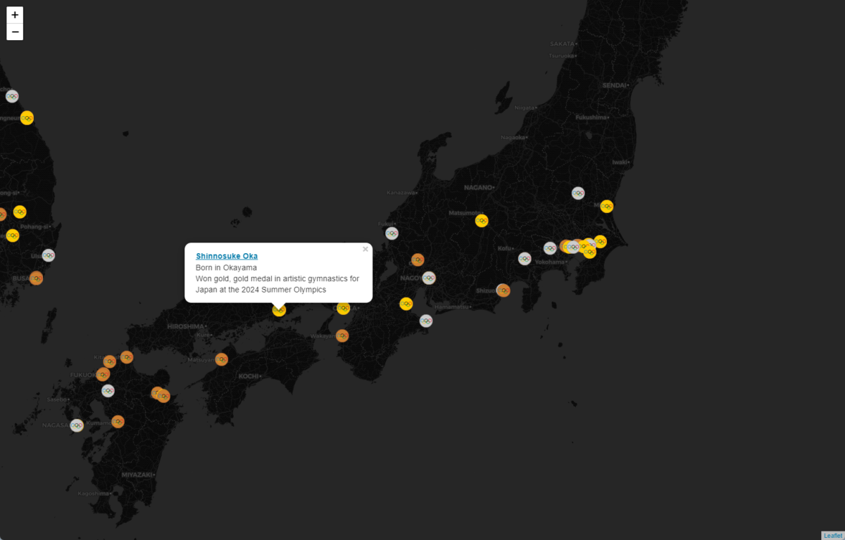 オリンピックのメダル獲得を世界地図上に表示するWebサービス 『2024 Olympic Medalists Map』