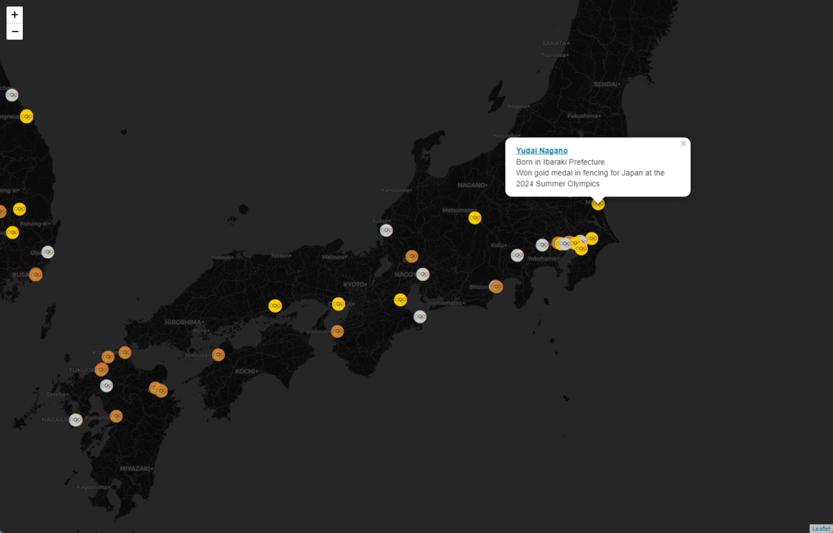 オリンピックのメダル獲得を世界地図上に表示するWebサービス 『2024 Olympic Medalists Map』