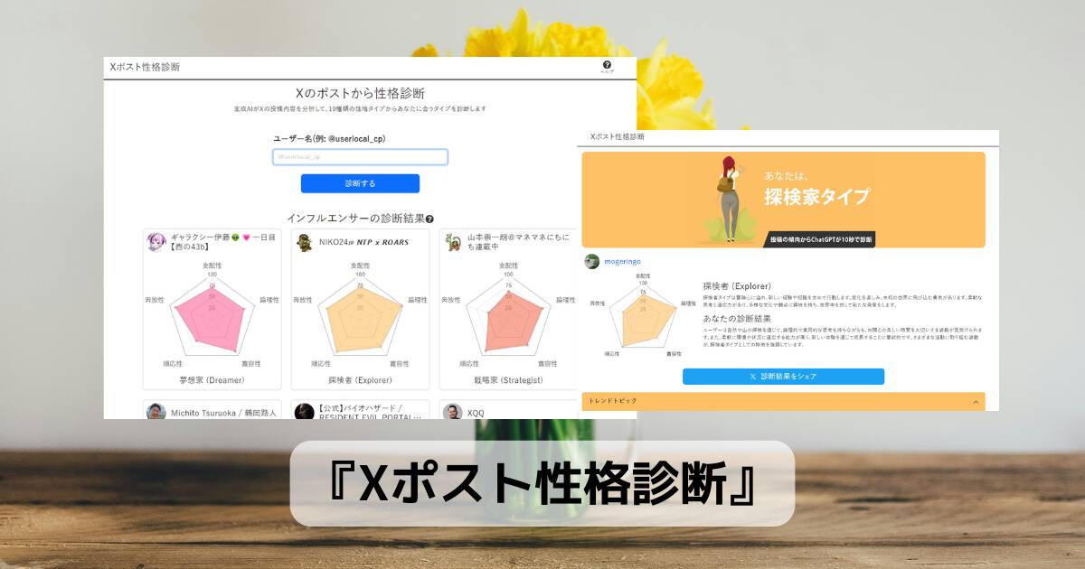無料でXの投稿から性格診断、10種類の性格タイプを判断するWebサービス 『Xポスト性格診断』
