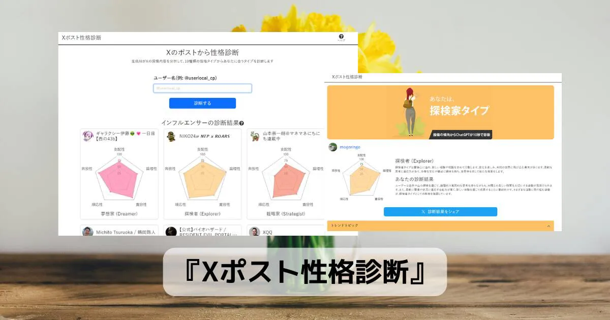 無料でXの投稿から性格診断、10種類の性格タイプを判断するWebサービス