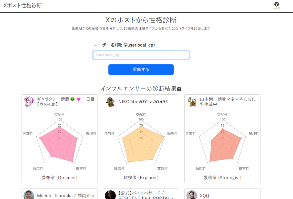 無料でXの投稿から性格診断、10種類の性格タイプを判断するWebサービス 『Xポスト性格診断』