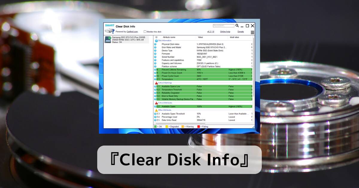 PCのストレージの健康状態を調べれるソフト 『Clear Disk Info』