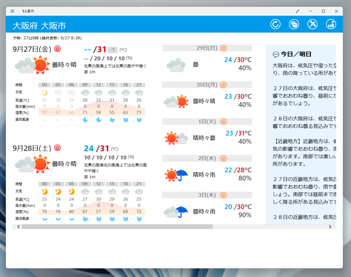 シンプルで使いやすいデスクトップ天気予報アプリ 『そら案内』