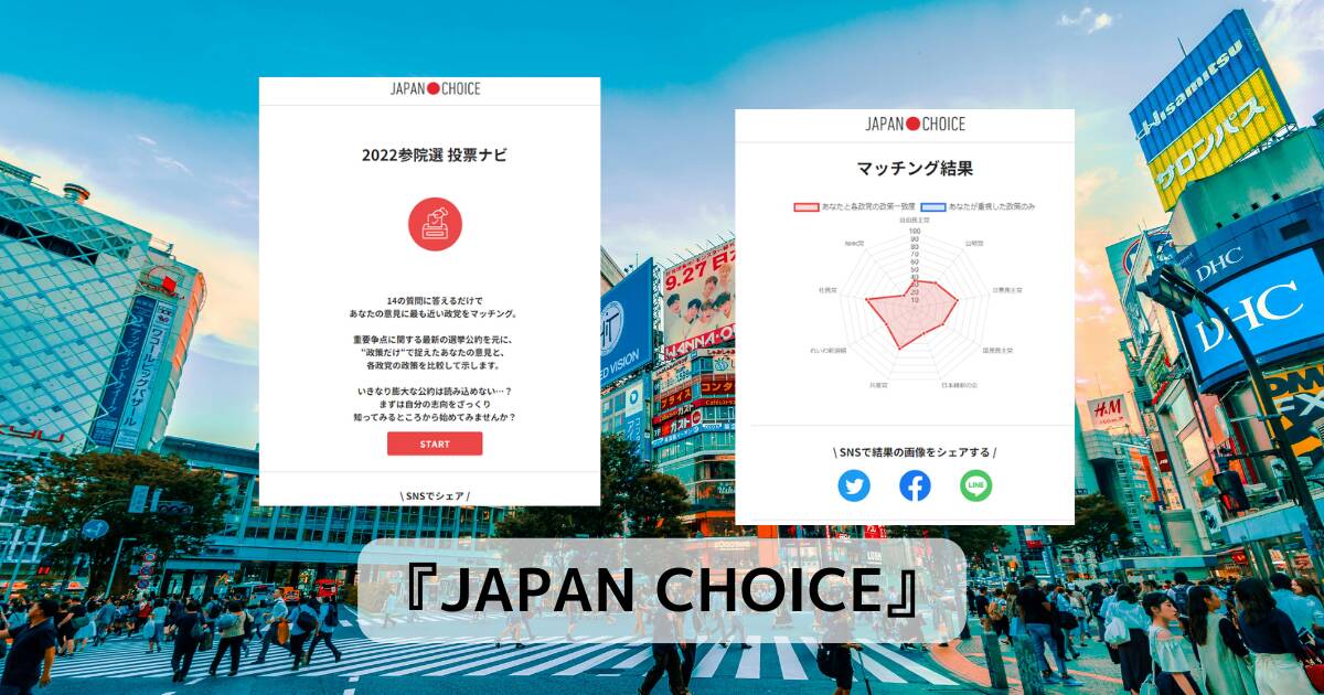 14の質問に答えるだけで、どの政党を選べばよいのか教えてくれるWebサービス 『JAPAN CHOICE』