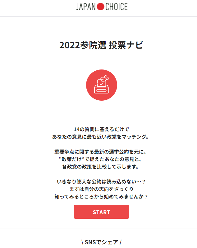 14の質問に答えるだけで、どの政党を選べばよいのか教えてくれるWebサービス 『JAPAN CHOICE』