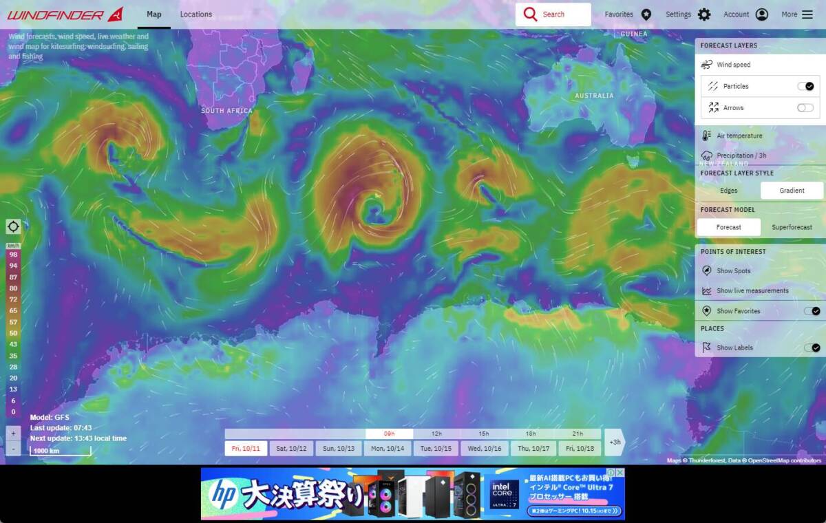 世界中の風速をリアルタイム表示、1週間先の風予報も見れるWebサービス 『Windfinder』