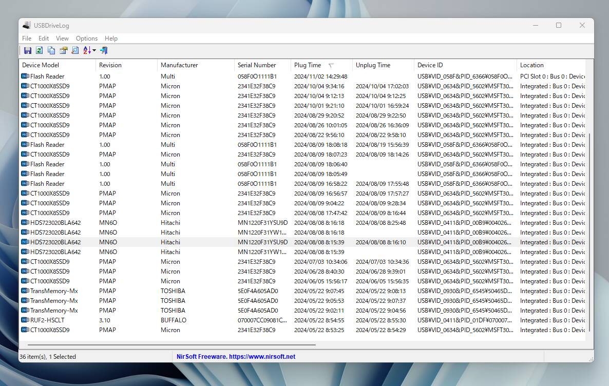 過去にUSBデバイスの接続履歴が見れるツール 『USB Drive Log』