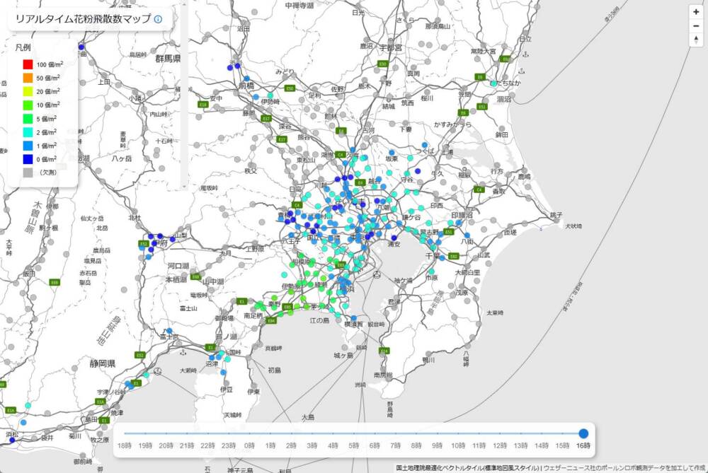 過去24時間のリアルタイムな花粉の飛散量が見れるマップ 『リアルタイム花粉飛散数マップ』