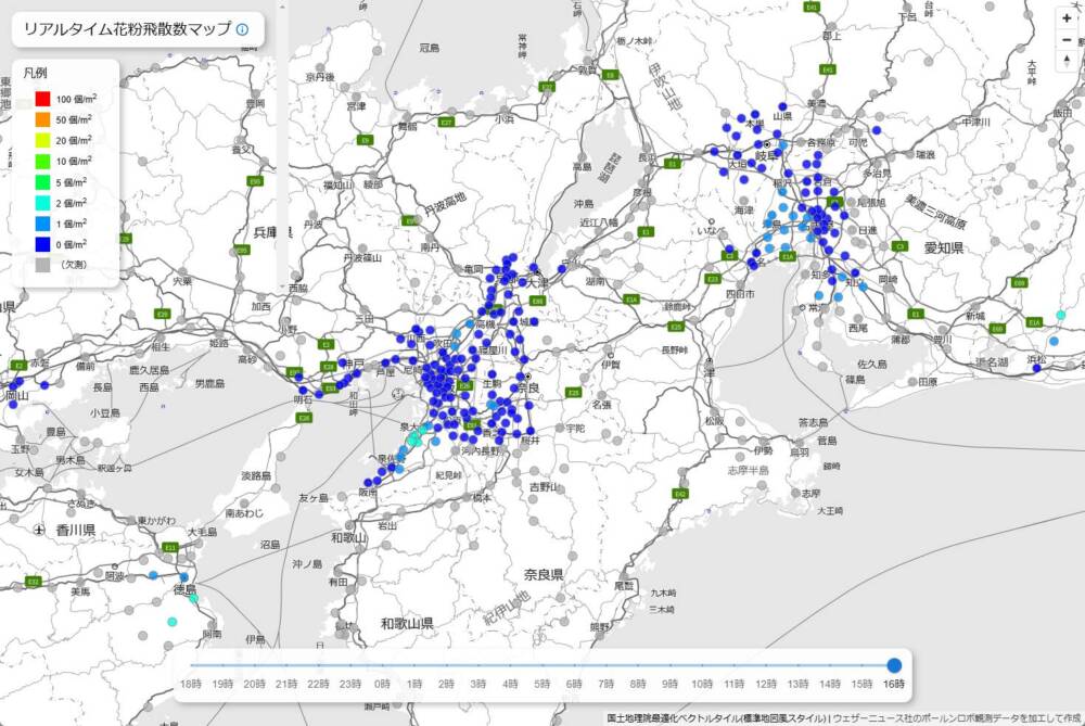 過去24時間のリアルタイムな花粉の飛散量が見れるマップ 『リアルタイム花粉飛散数マップ』