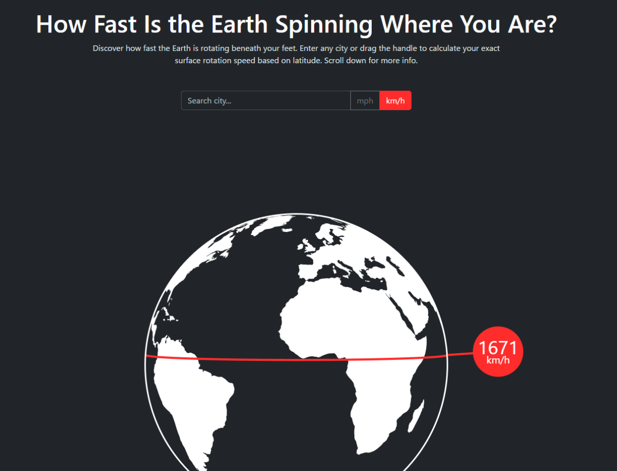 自分が今どれだけの速度で回転しているか分かるWebサービス 『Earth Surface Rotation Speed Calculator』