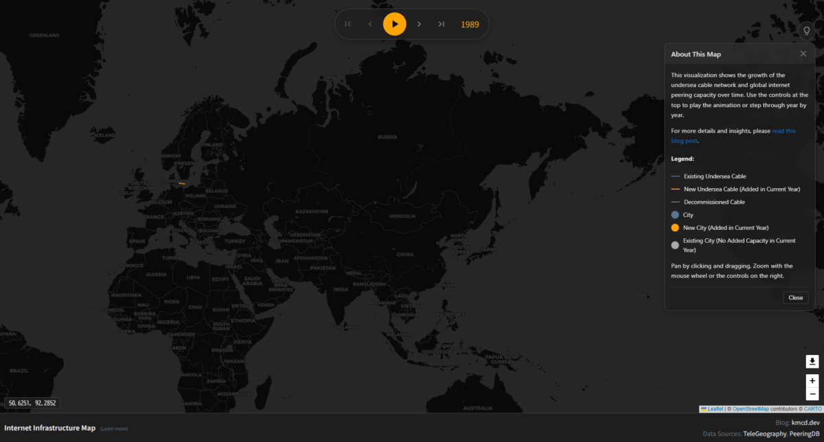 インターネットの歴史が分かる、海底ケーブルを年代ごとに見れるWebサービス 『Internet Infrastructure Map』
