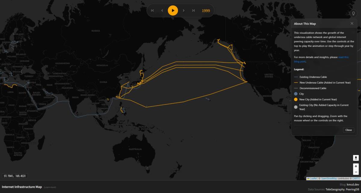 インターネットの歴史が分かる、海底ケーブルを年代ごとに見れるWebサービス 『Internet Infrastructure Map』