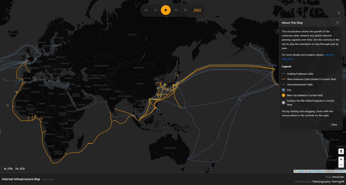 インターネットの歴史が分かる、海底ケーブルを年代ごとに見れるWebサービス 『Internet Infrastructure Map』
