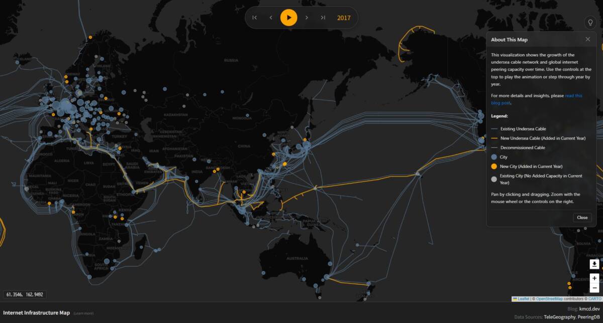 インターネットの歴史が分かる、海底ケーブルを年代ごとに見れるWebサービス 『Internet Infrastructure Map』