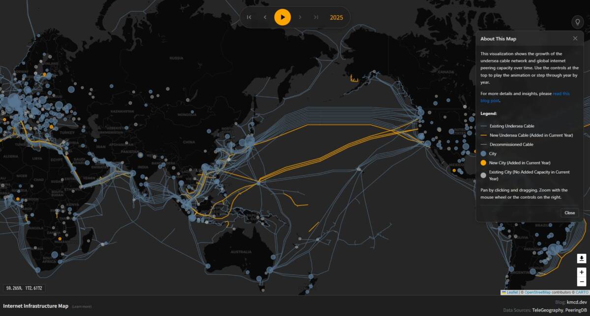インターネットの歴史が分かる、海底ケーブルを年代ごとに見れるWebサービス 『Internet Infrastructure Map』