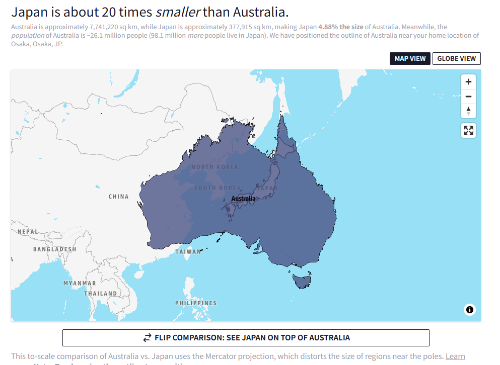 国の面積を重ねて比較できる面白いWebサービス 『Country Size Comparison』