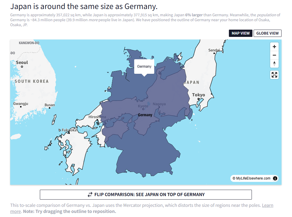 国の面積を重ねて比較できる面白いWebサービス 『Country Size Comparison』