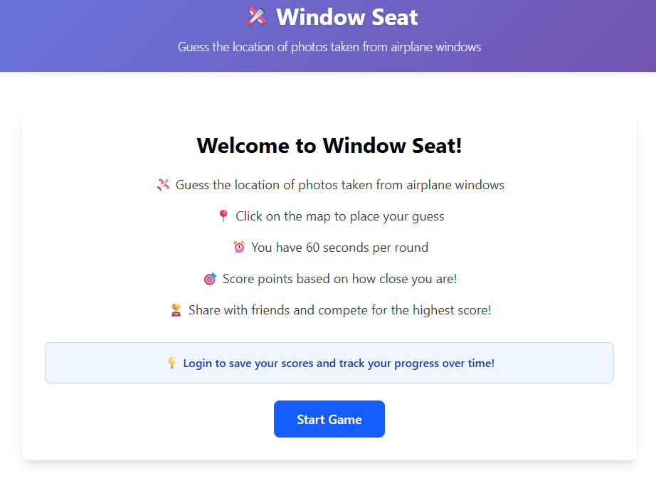 飛行機の窓からの景色で場所を当てるGeoGuessrみたいなゲーム 『Window Seat』