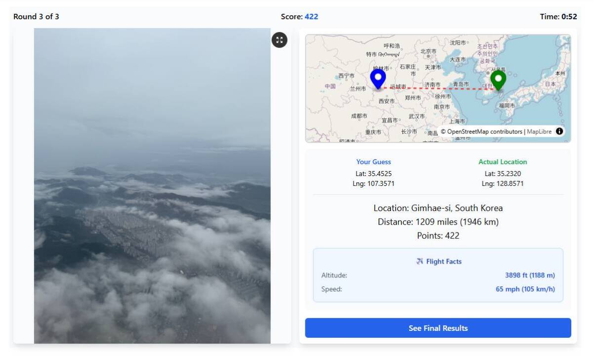 飛行機の窓からの景色で場所を当てるGeoGuessrみたいなゲーム 『Window Seat』