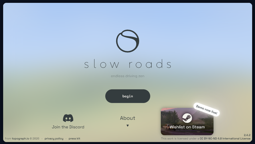 広大な景色を延々と走り続けるドライブ体験ができるWebサービス『Slowroads.io』