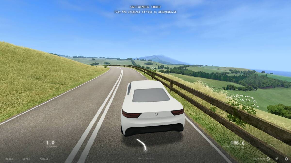 広大な景色を延々と走り続けるドライブ体験ができるWebサービス『Slowroads.io』